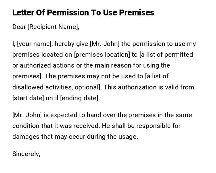 Letter Of Permission To Use Premises