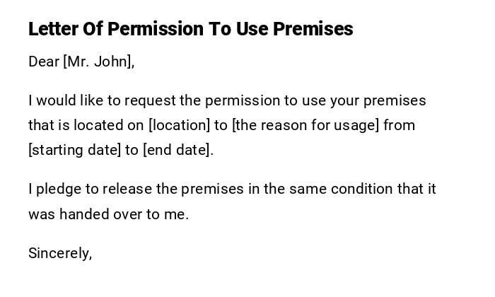 Letter Of Permission To Use Premises