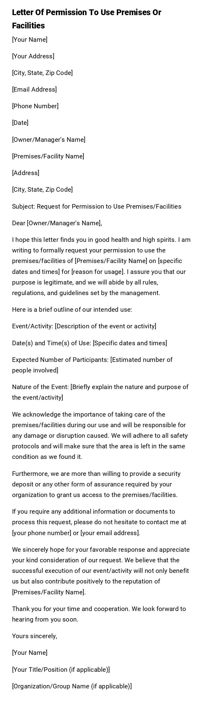 Letter Of Permission To Use Premises Or Facilities