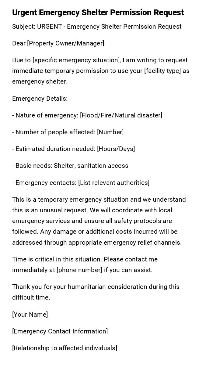 Urgent Emergency Shelter Permission Request