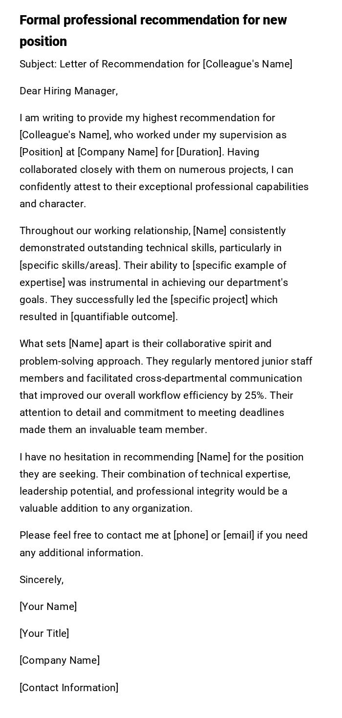 Formal professional recommendation for new position