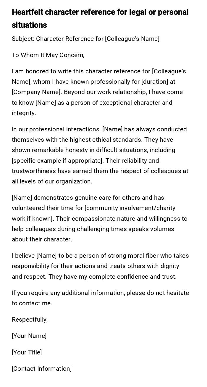 Heartfelt character reference for legal or personal situations