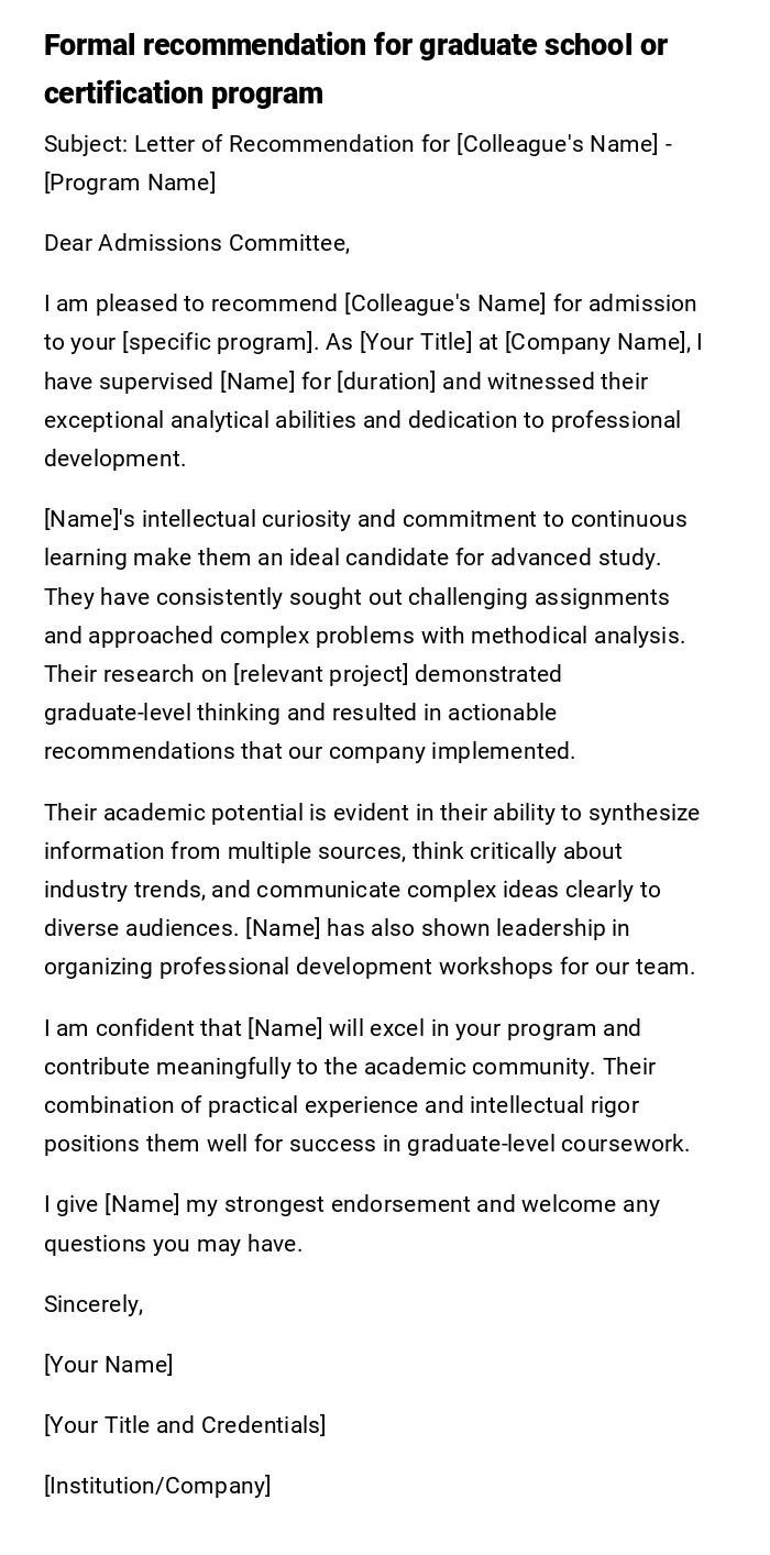 Formal recommendation for graduate school or certification program