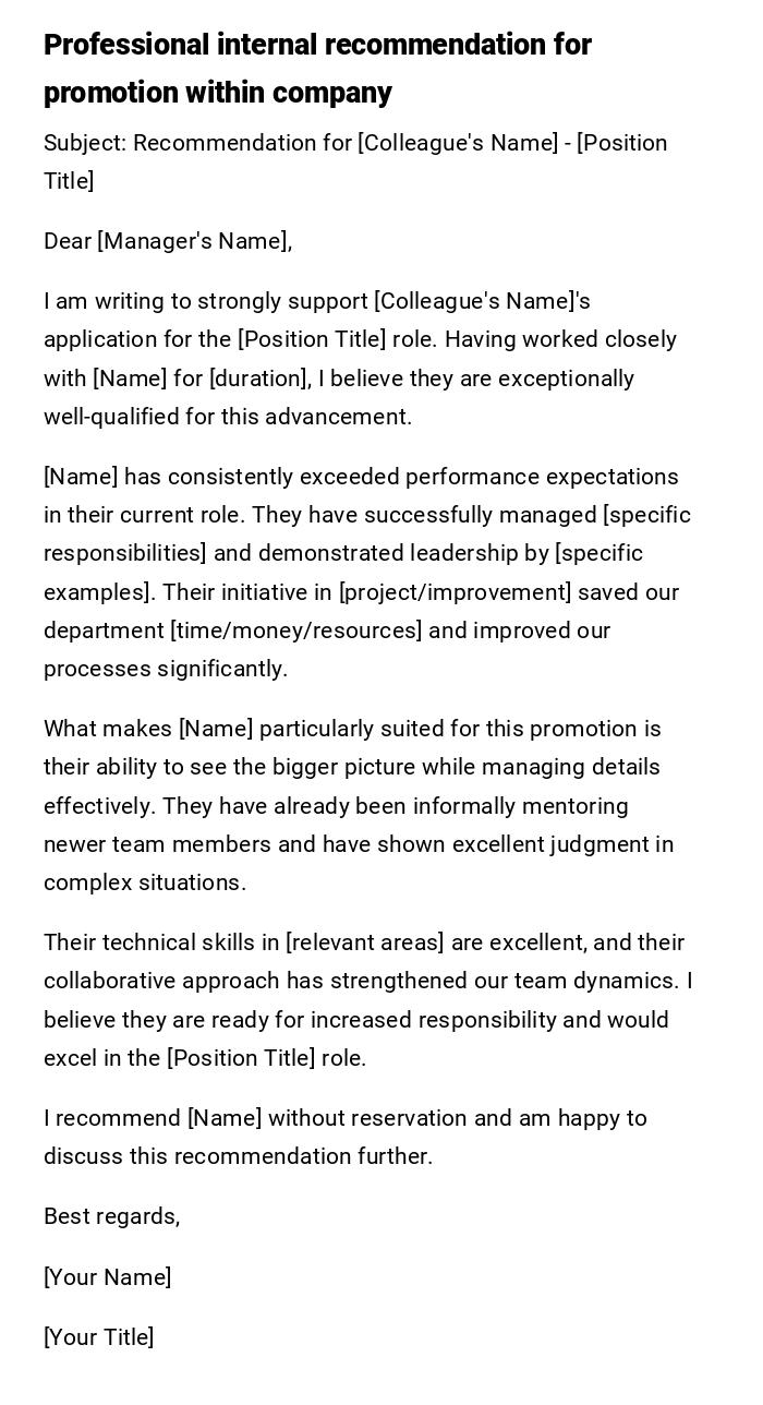 Professional internal recommendation for promotion within company