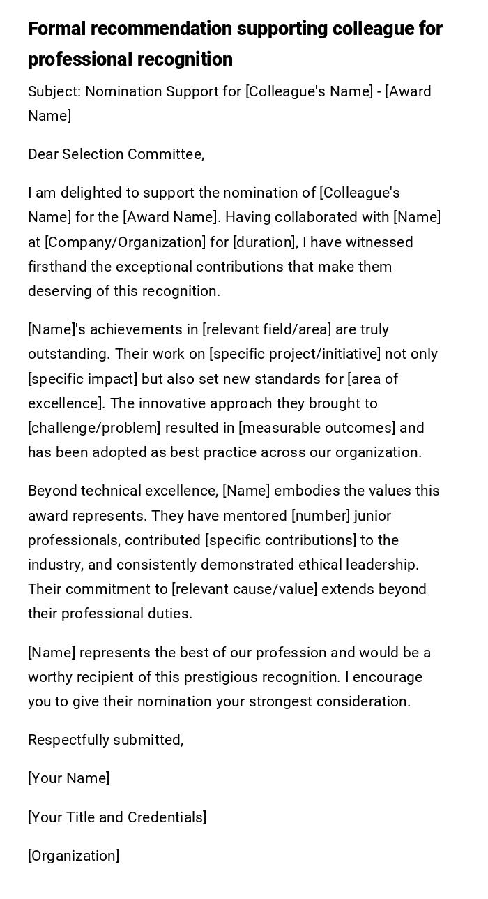 Formal recommendation supporting colleague for professional recognition