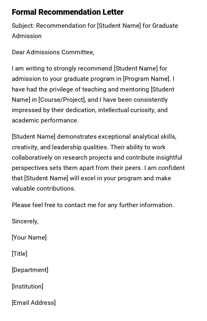 Formal Recommendation Letter Formal Recommendation Letter