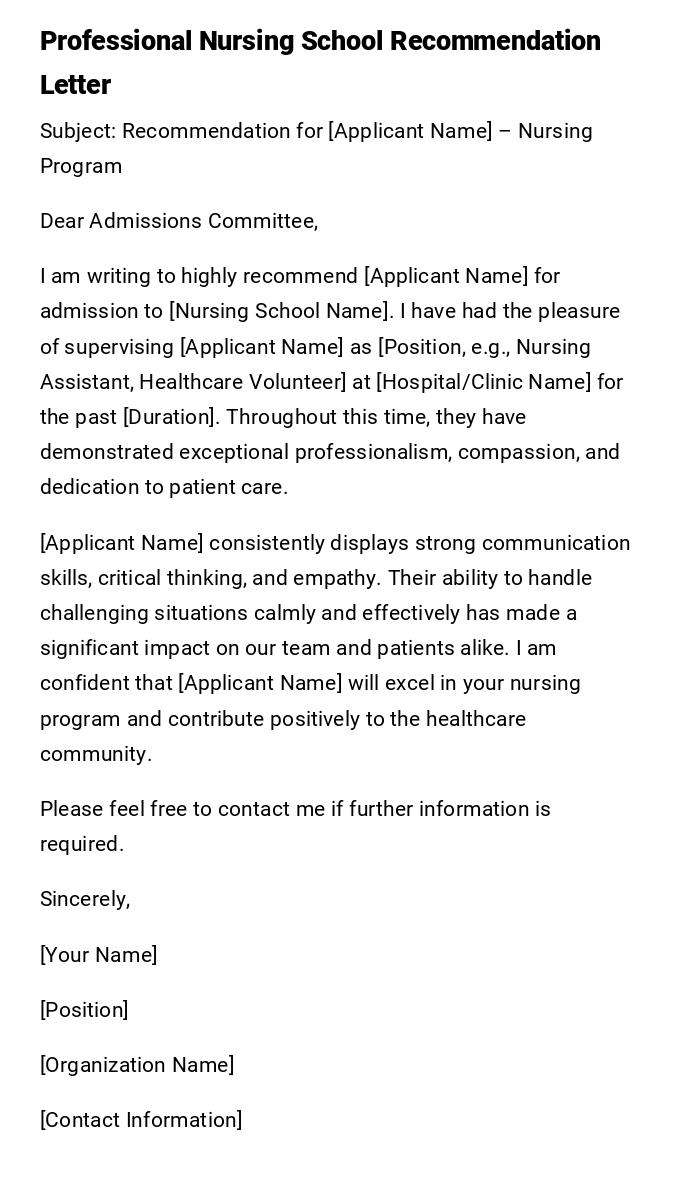 Professional Nursing School Recommendation Letter
