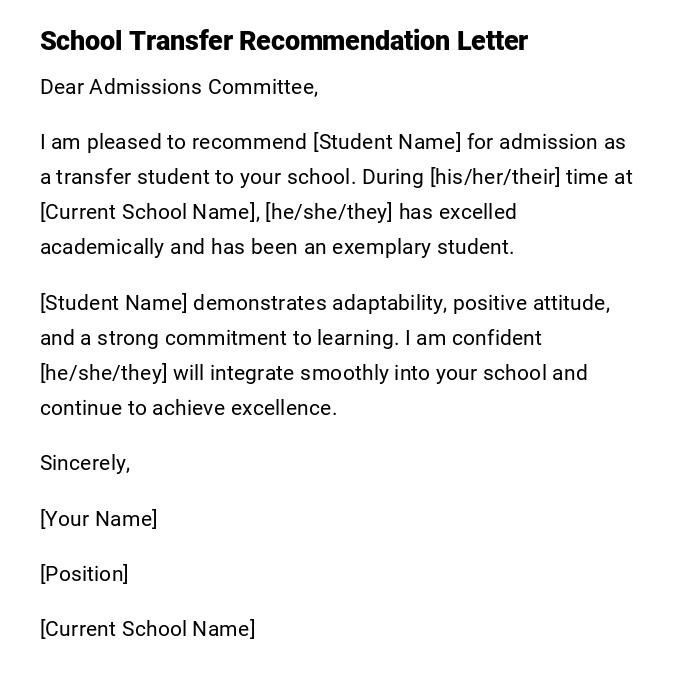 School Transfer Recommendation Letter
