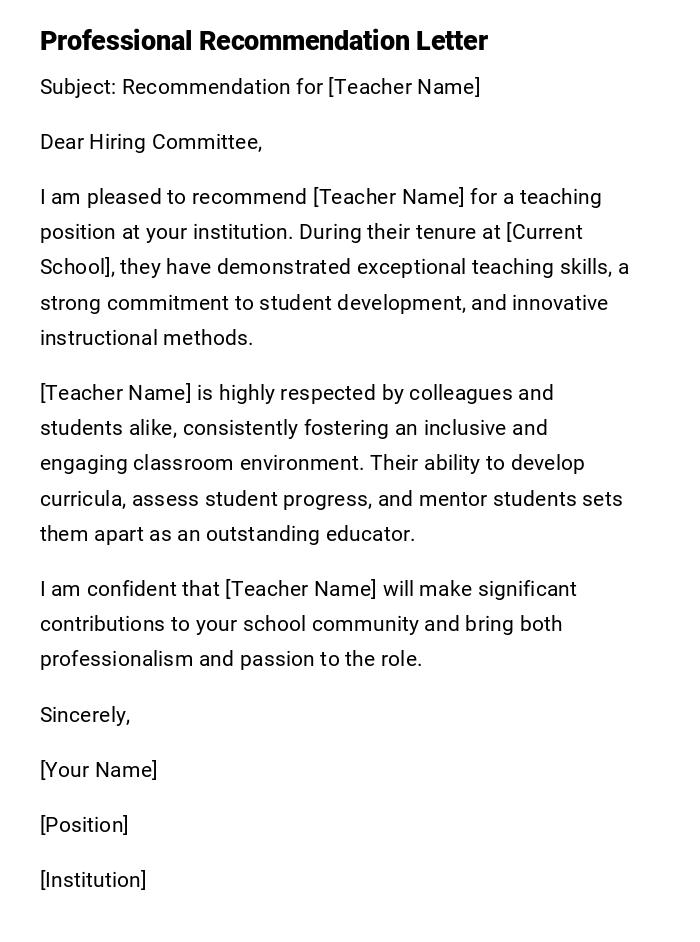 Professional Recommendation Letter