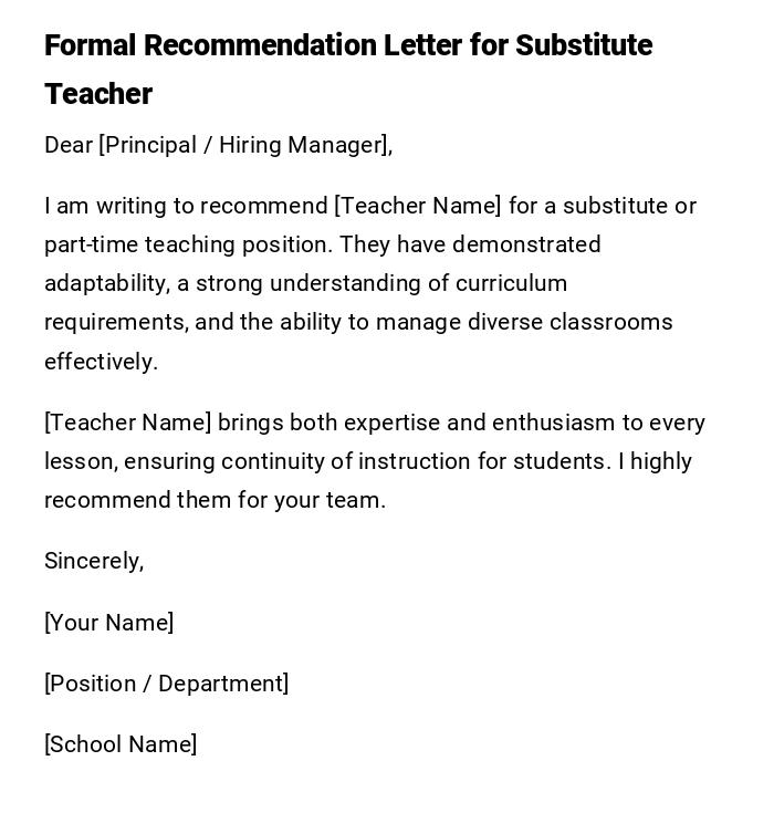 Formal Recommendation Letter for Substitute Teacher