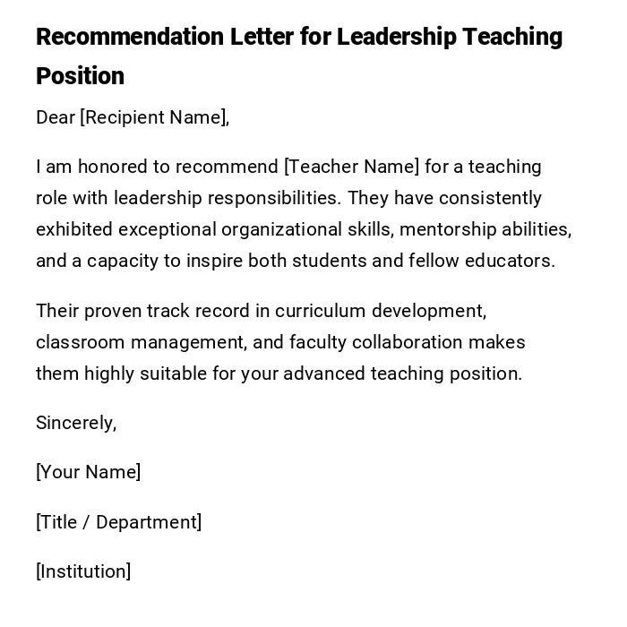 Recommendation Letter for Leadership Teaching Position