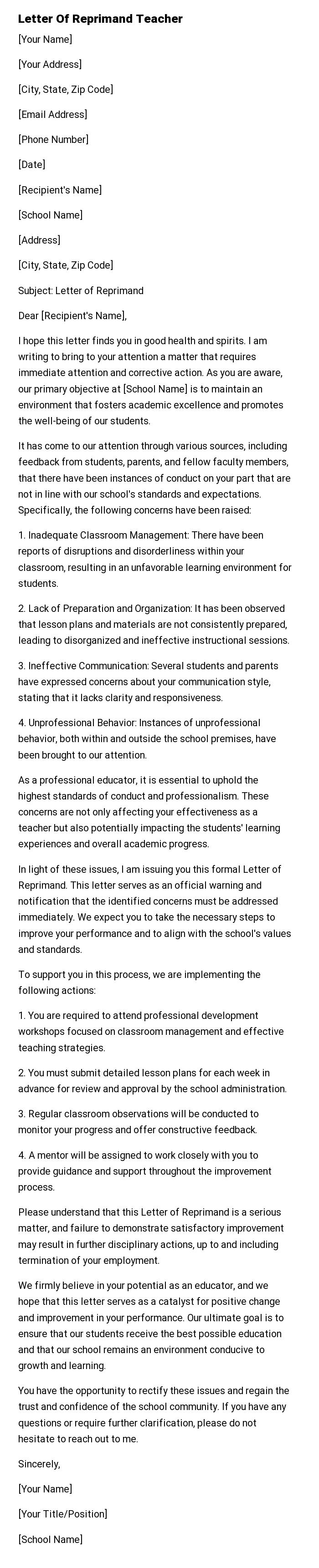 Letter Of Reprimand Teacher