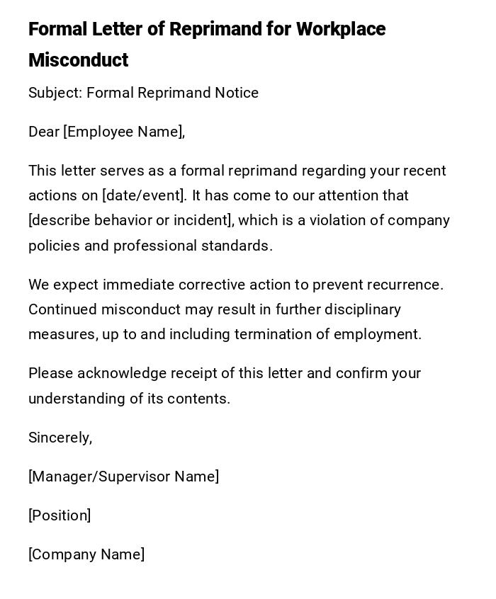 Formal Letter of Reprimand for Workplace Misconduct Formal Letter of Reprimand for Workplace Misconduct