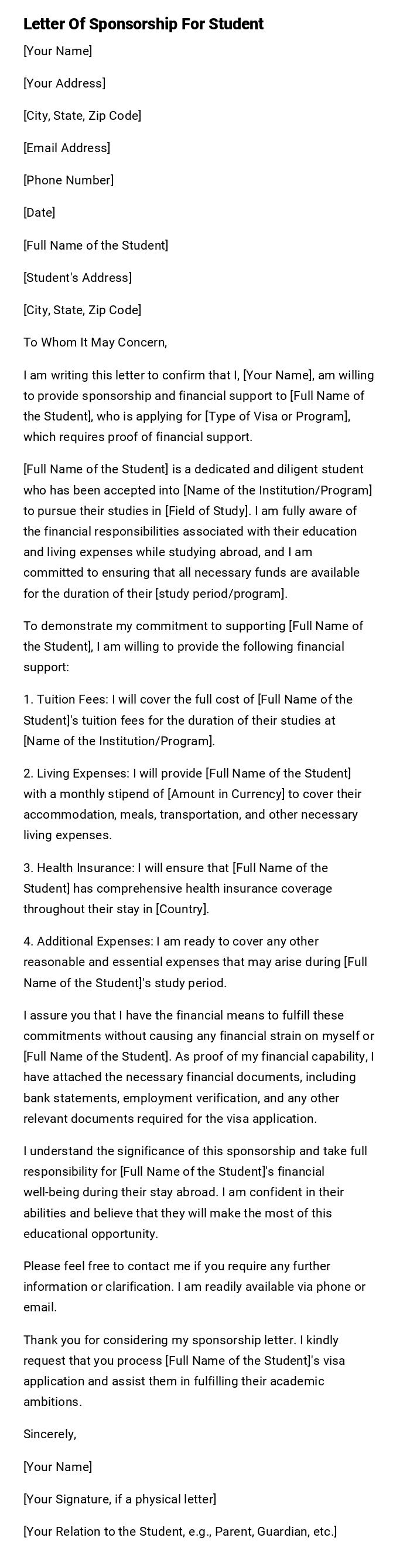Letter Of Sponsorship For Student Letter Of Sponsorship For Student