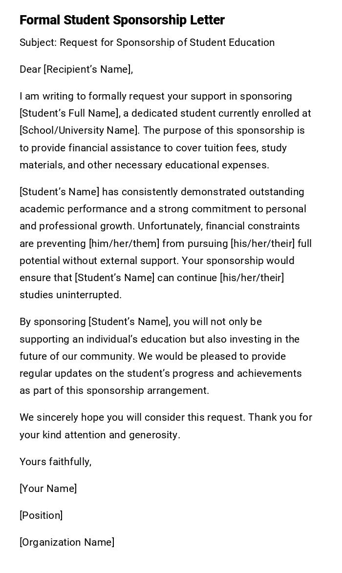 Formal Student Sponsorship Letter