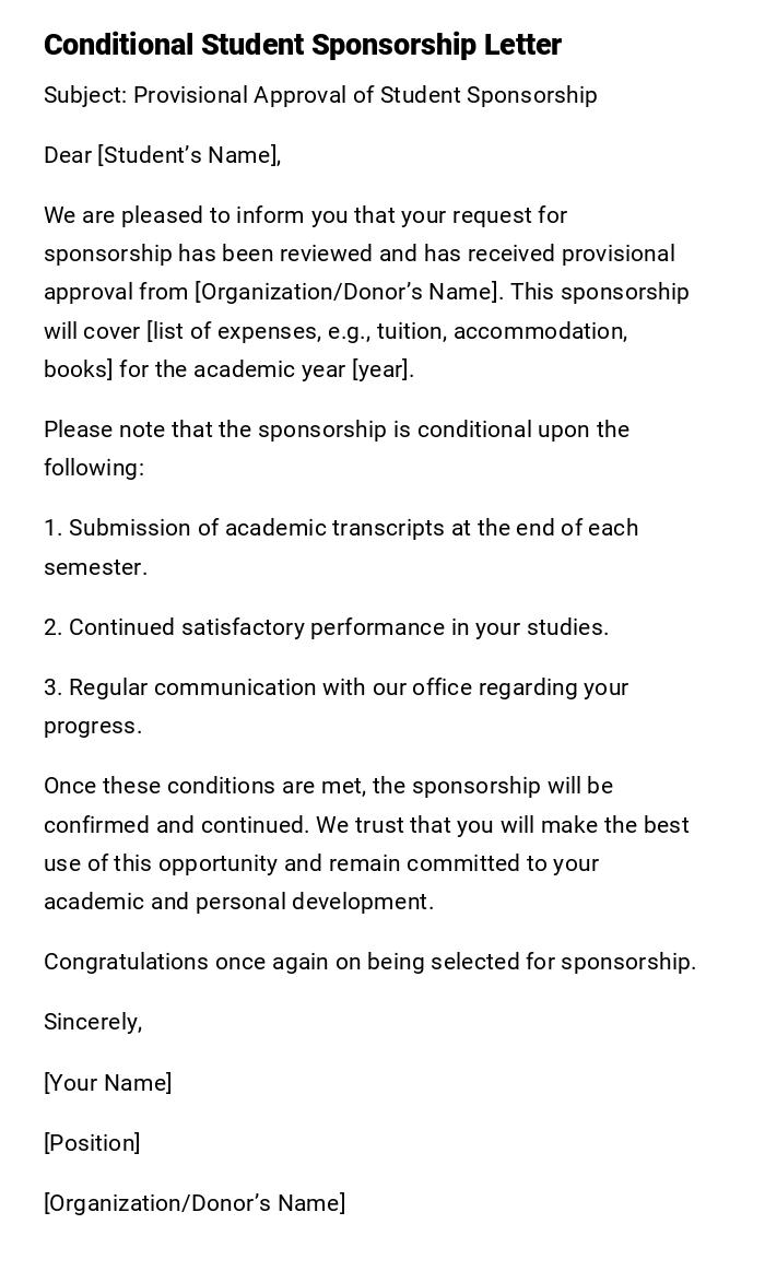 Conditional Student Sponsorship Letter