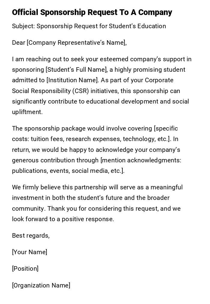 Official Sponsorship Request To A Company