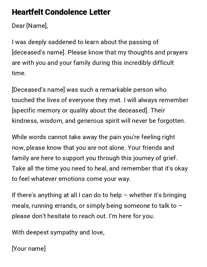 Heartfelt Condolence Letter