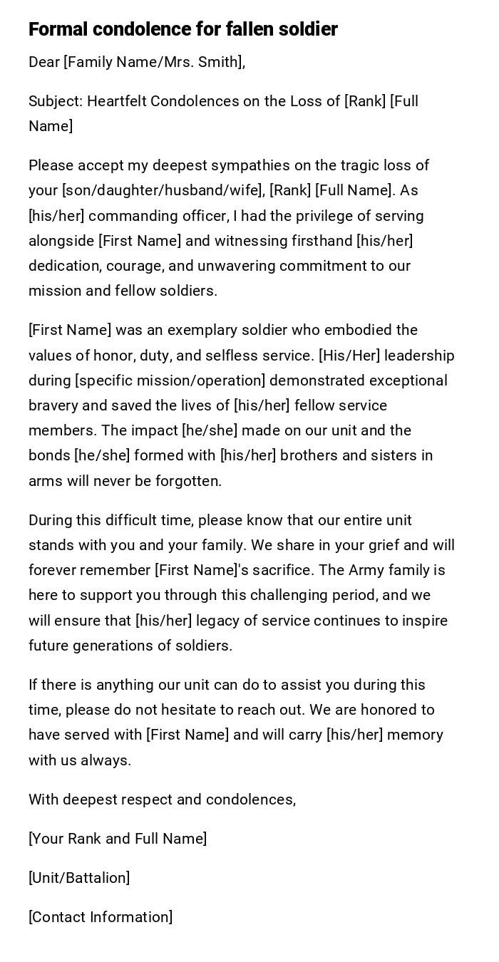 Formal condolence for fallen soldier Formal condolence for fallen soldier