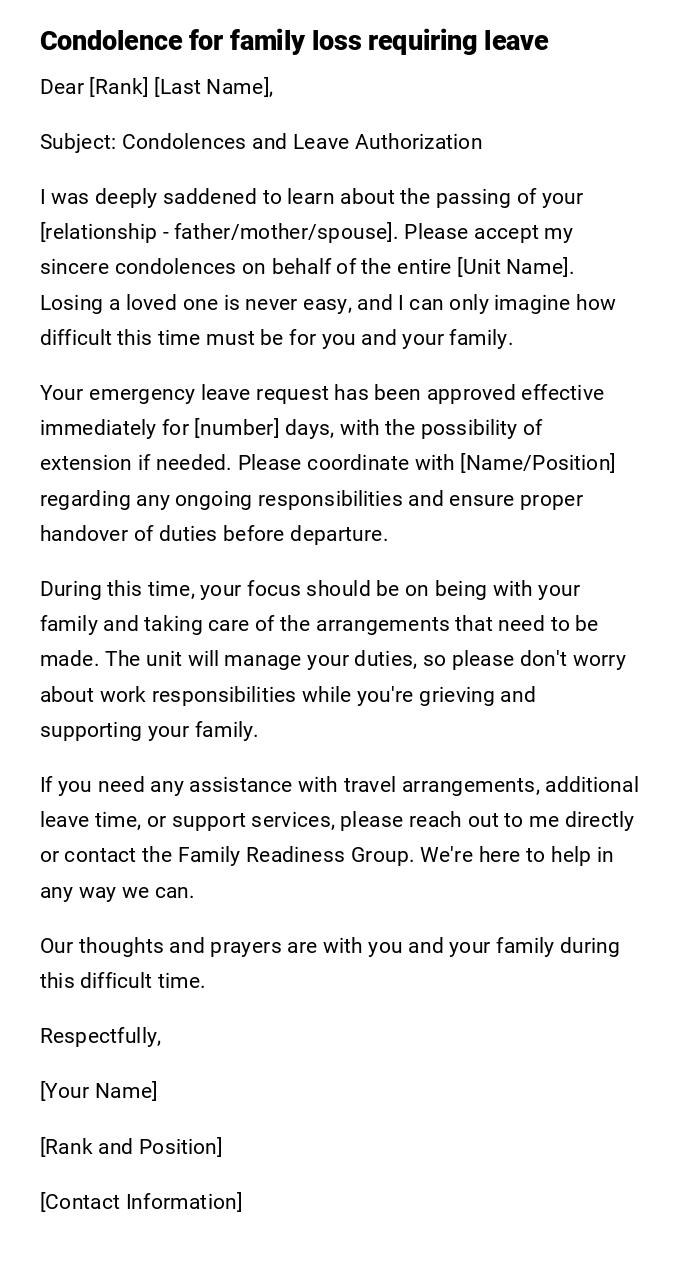 Condolence for family loss requiring leave Condolence for family loss requiring leave
