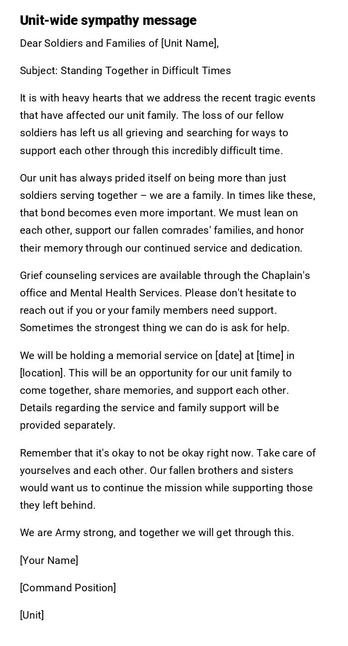 Unit-wide sympathy message Unit-wide sympathy message