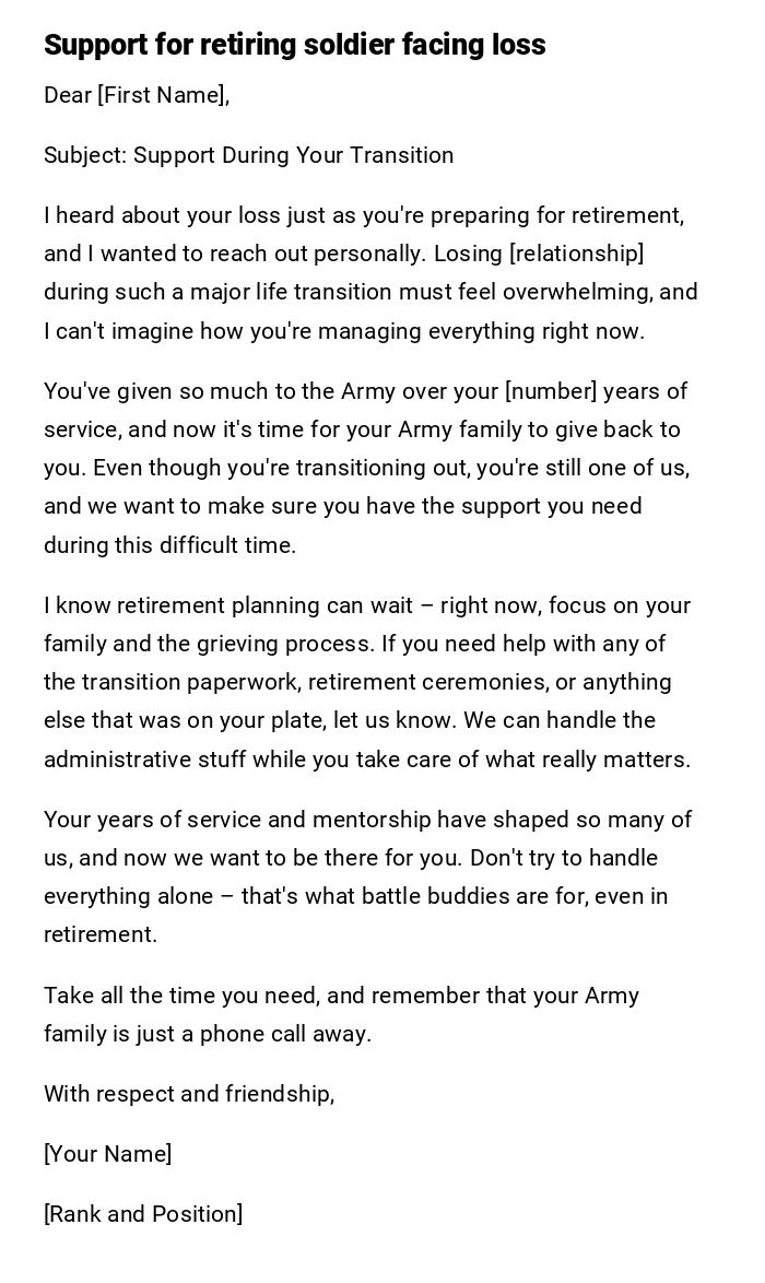 Support for retiring soldier facing loss Support for retiring soldier facing loss