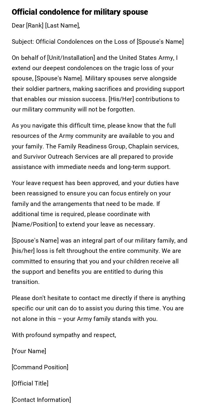 Official condolence for military spouse Official condolence for military spouse