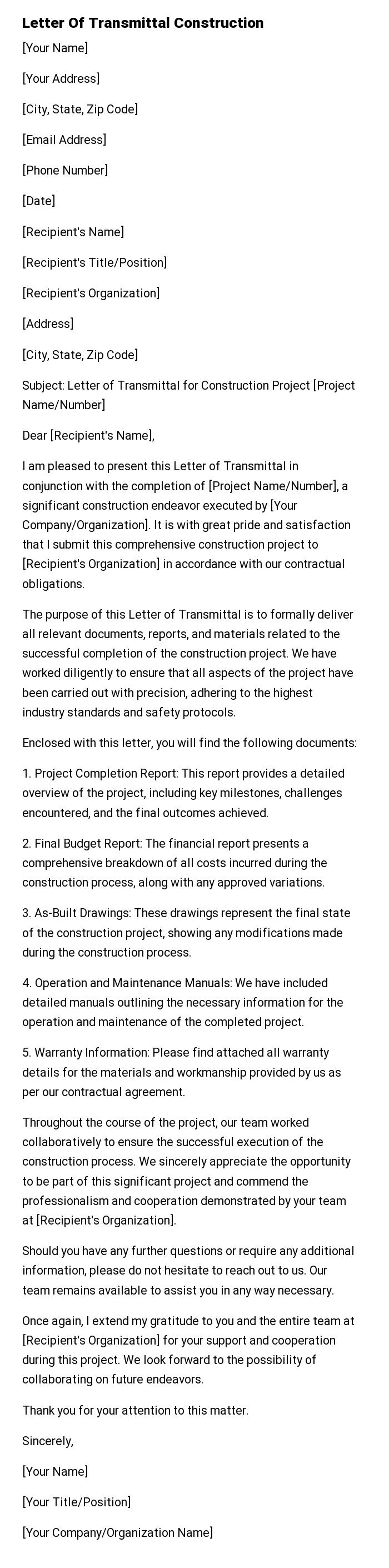 Letter Of Transmittal Construction