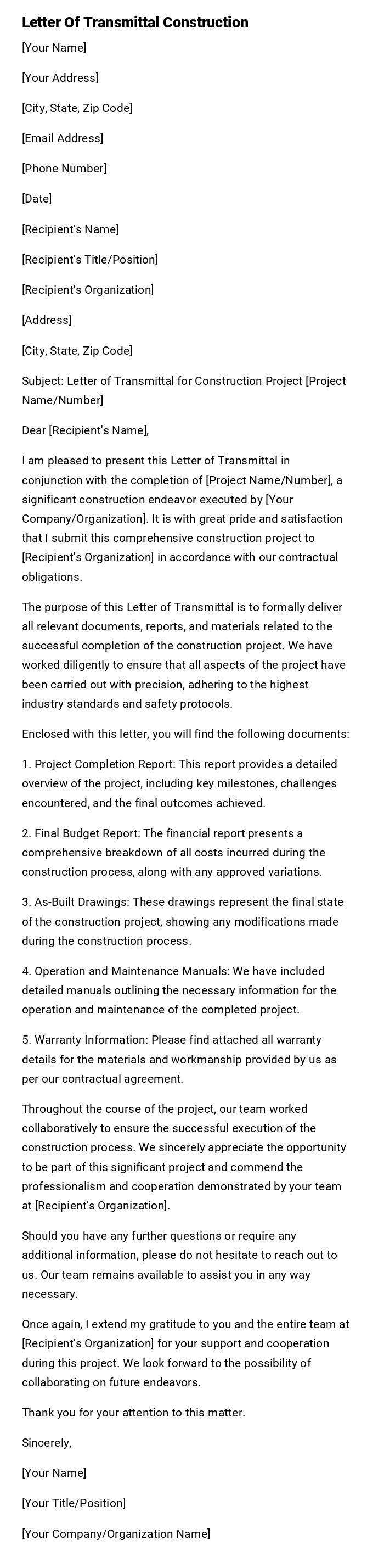 Letter Of Transmittal Construction