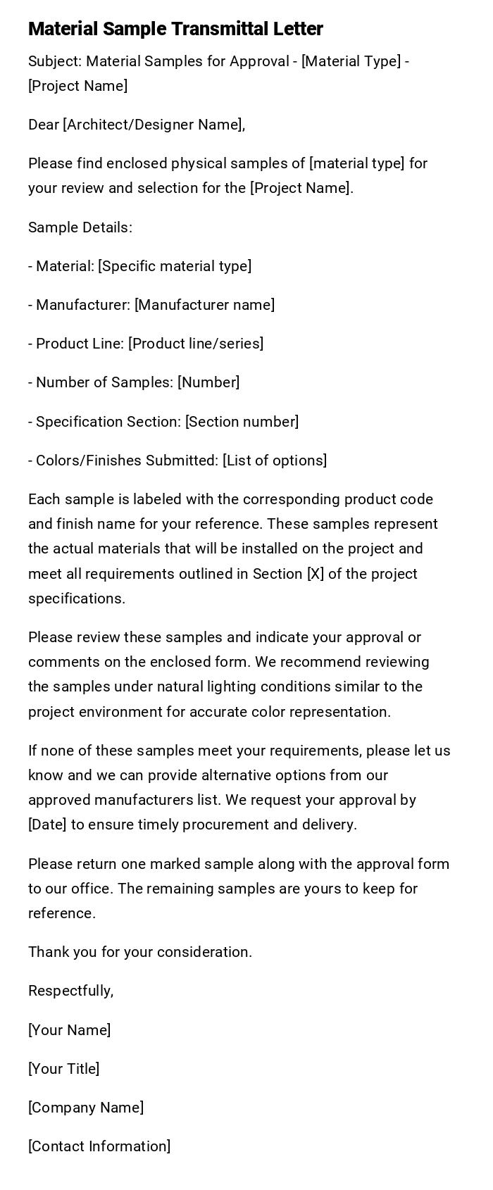 Material Sample Transmittal Letter Material Sample Transmittal Letter