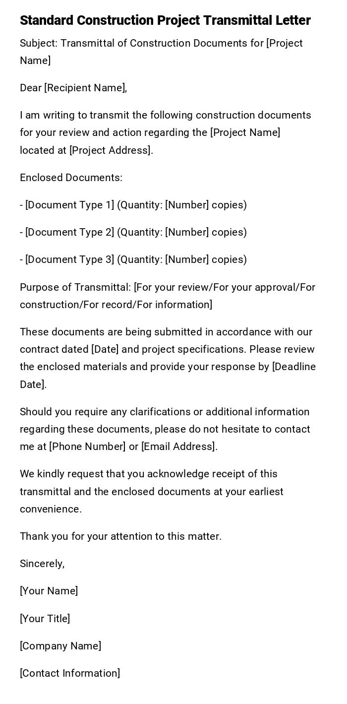 Standard Construction Project Transmittal Letter Standard Construction Project Transmittal Letter