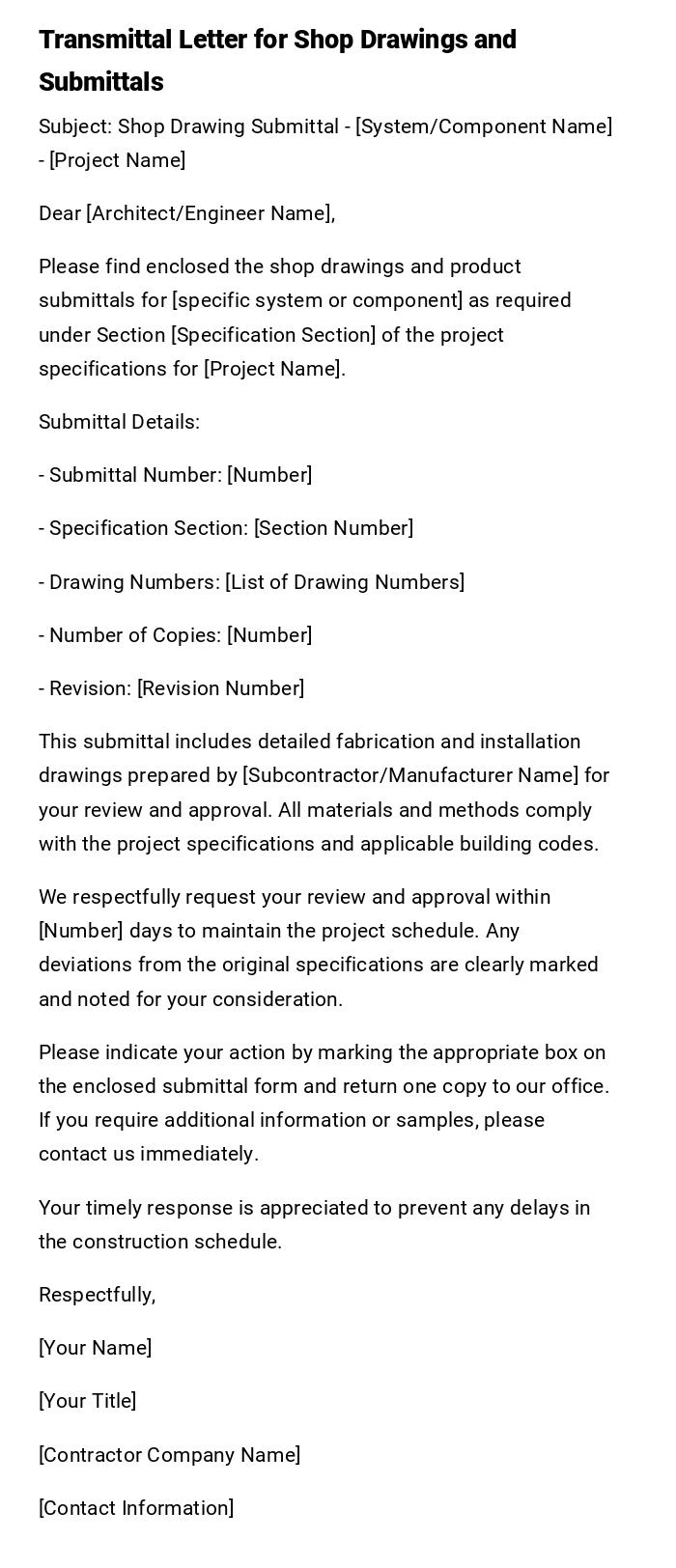 Transmittal Letter for Shop Drawings and Submittals Transmittal Letter for Shop Drawings and Submittals