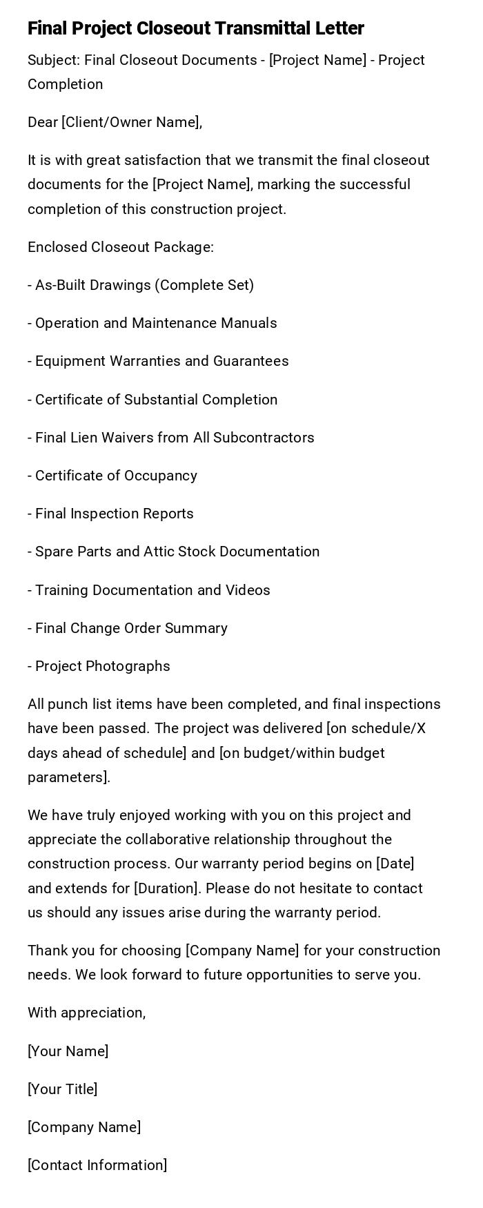 Final Project Closeout Transmittal Letter Final Project Closeout Transmittal Letter