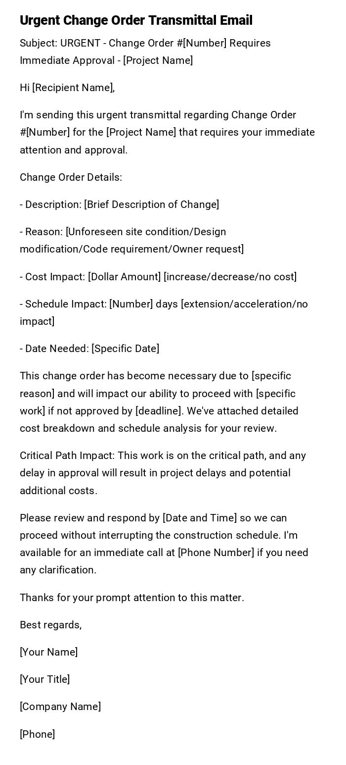 Urgent Change Order Transmittal Email Urgent Change Order Transmittal Email