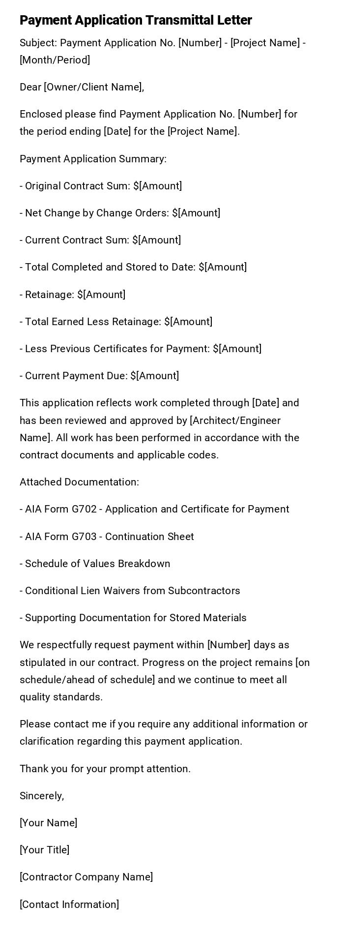 Payment Application Transmittal Letter Payment Application Transmittal Letter