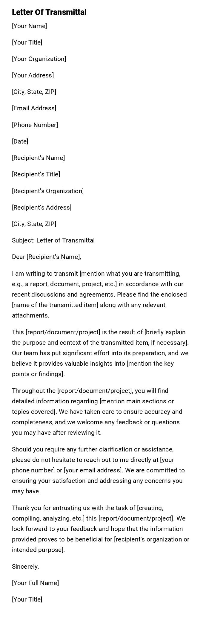 Letter Of Transmittal Letter Of Transmittal