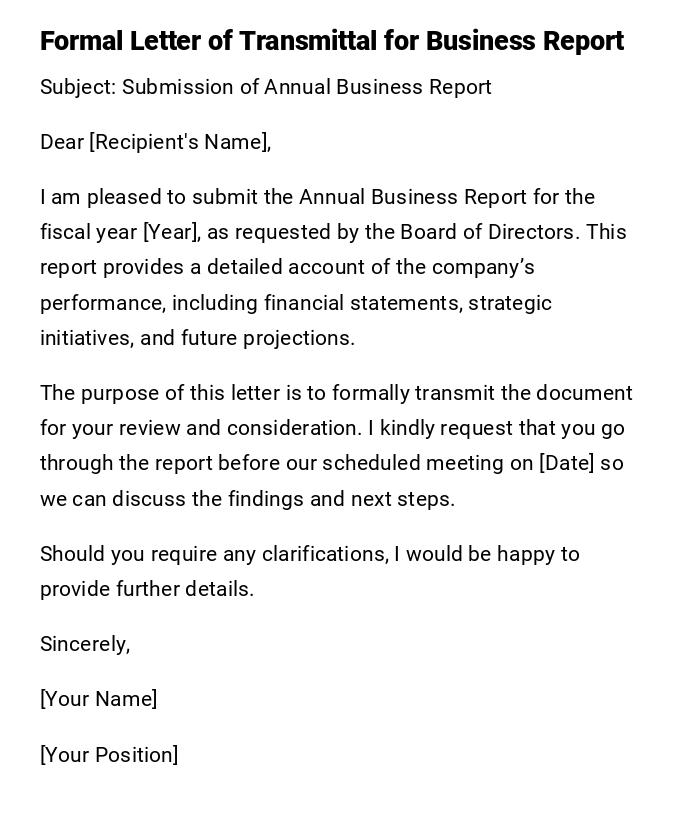 Formal Letter of Transmittal for Business Report Formal Letter of Transmittal for Business Report
