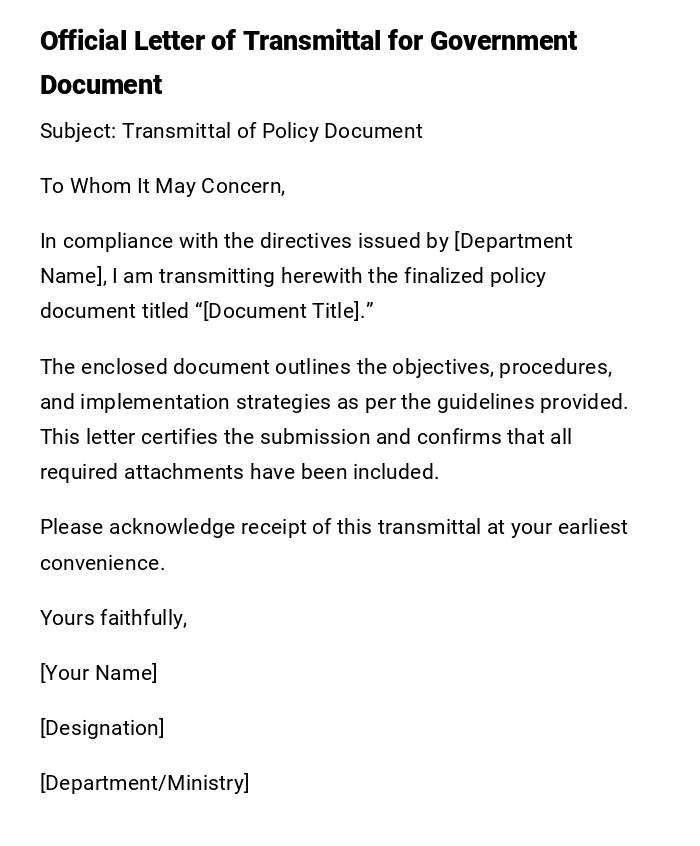 Official Letter of Transmittal for Government Document Official Letter of Transmittal for Government Document