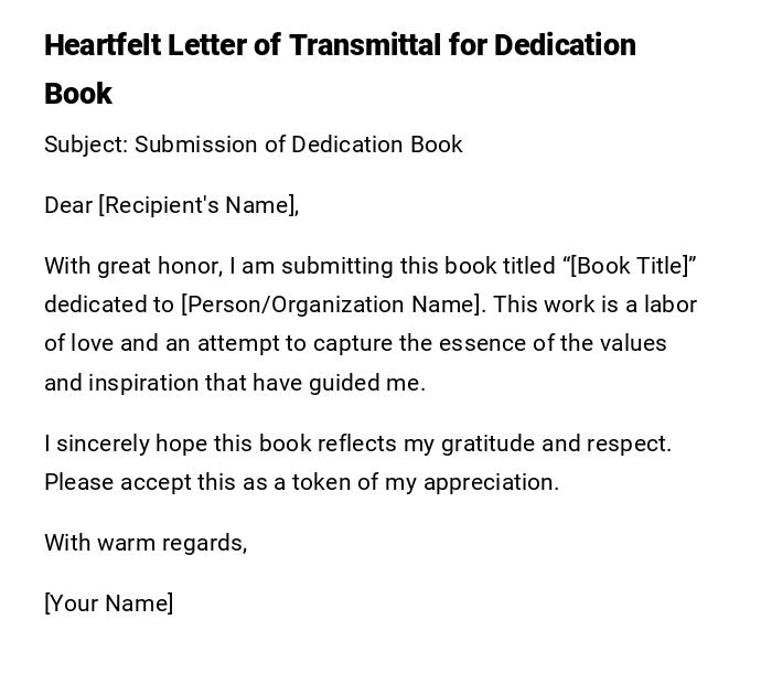 Heartfelt Letter of Transmittal for Dedication Book Heartfelt Letter of Transmittal for Dedication Book