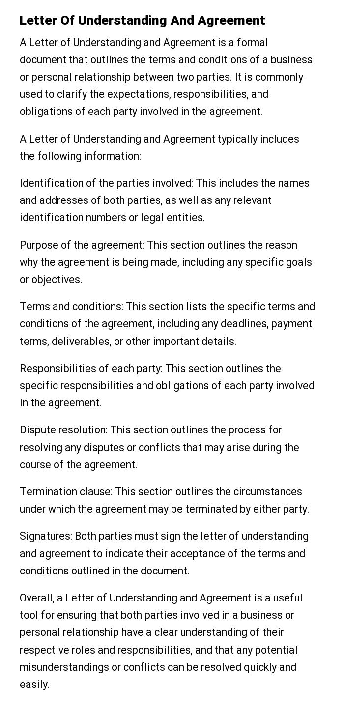 Letter Of Understanding And Agreement