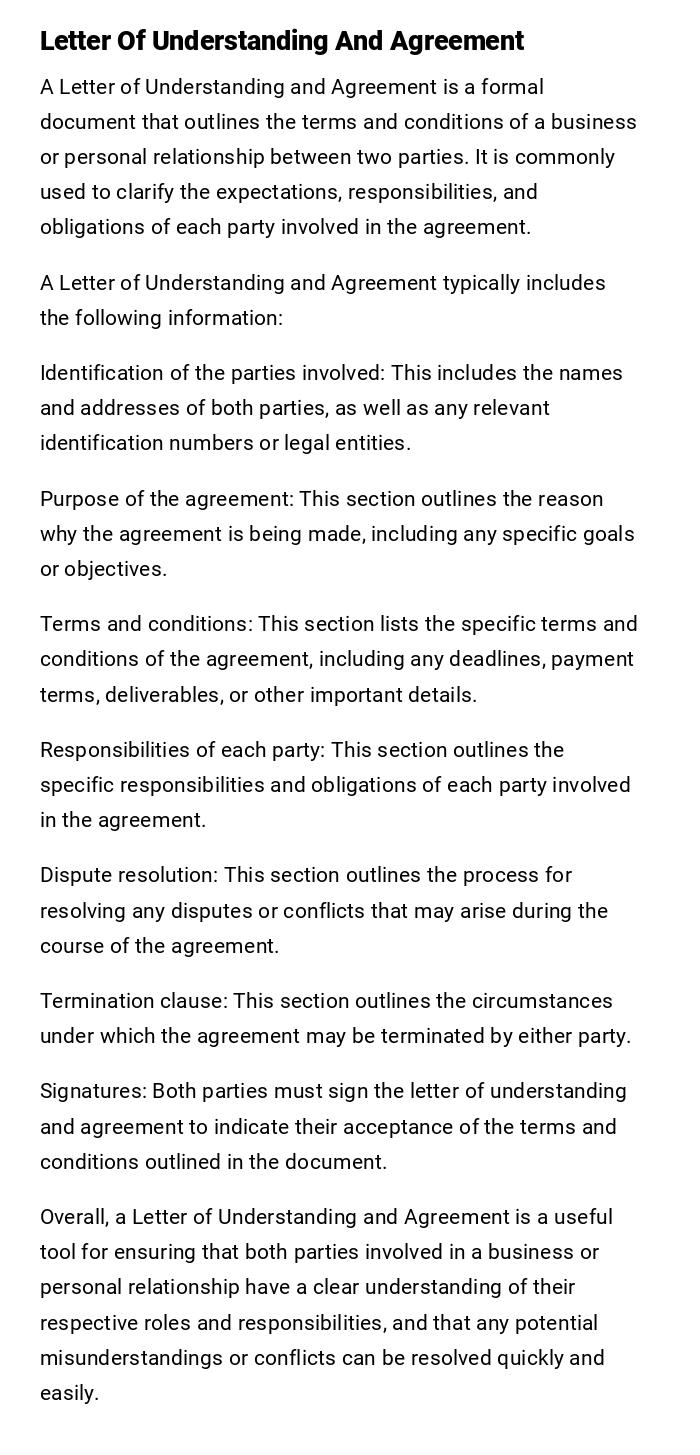 Letter Of Understanding And Agreement