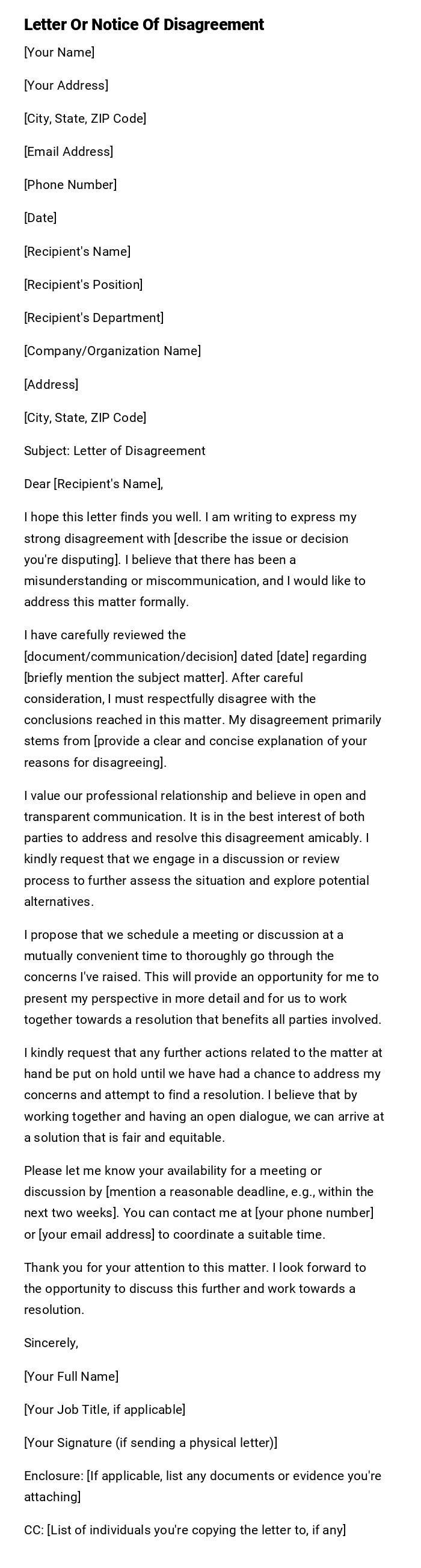 Letter Or Notice Of Disagreement Letter Or Notice Of Disagreement