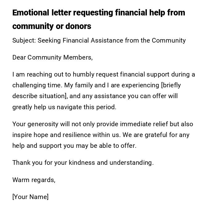 Emotional letter requesting financial help from community or donors Emotional letter requesting financial help from community or donors