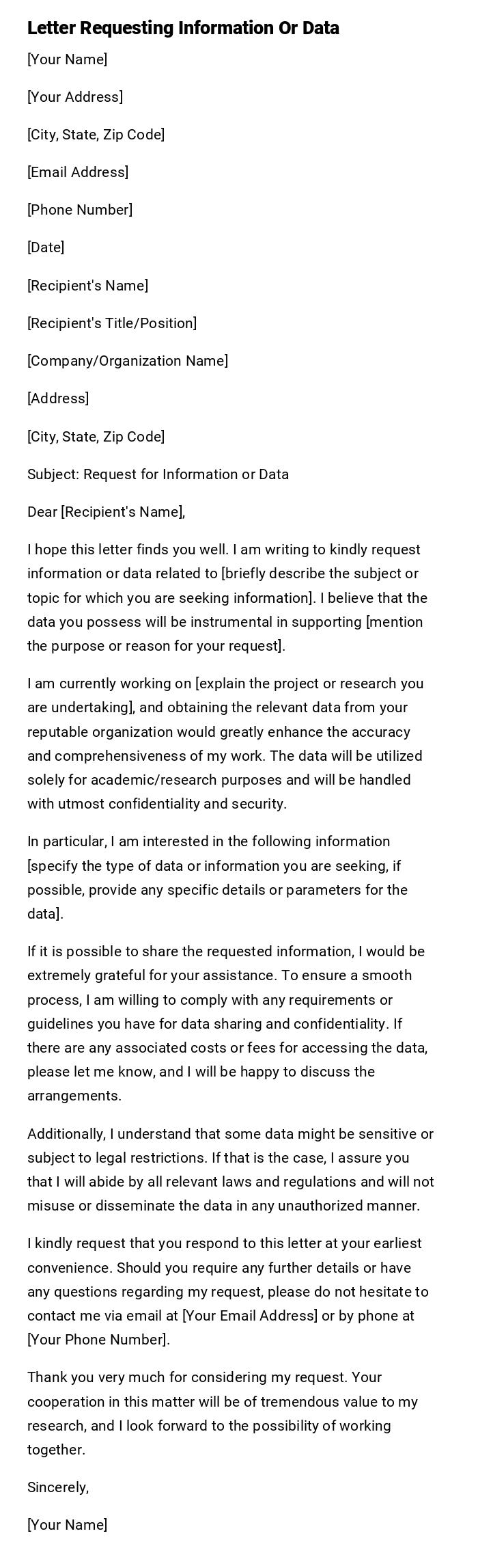 Letter Requesting Information Or Data