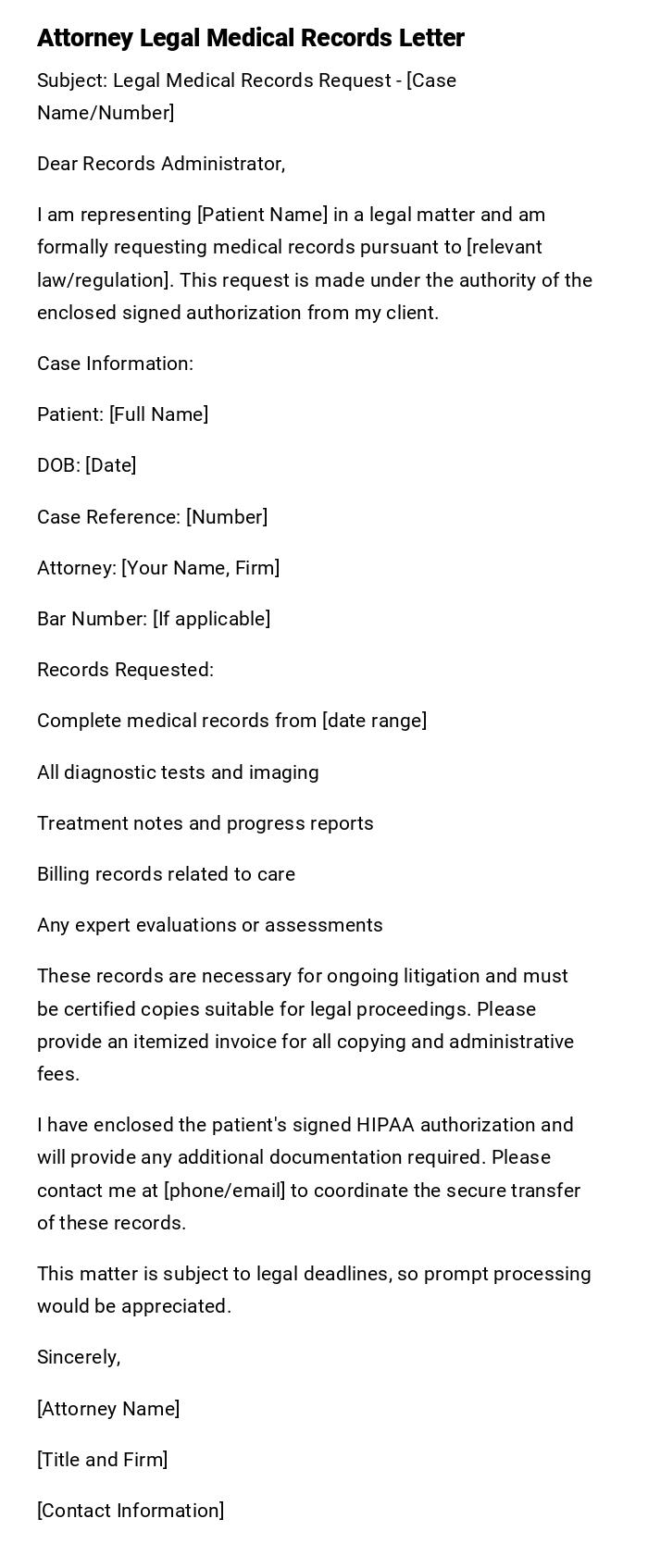 Attorney Legal Medical Records Letter Attorney Legal Medical Records Letter