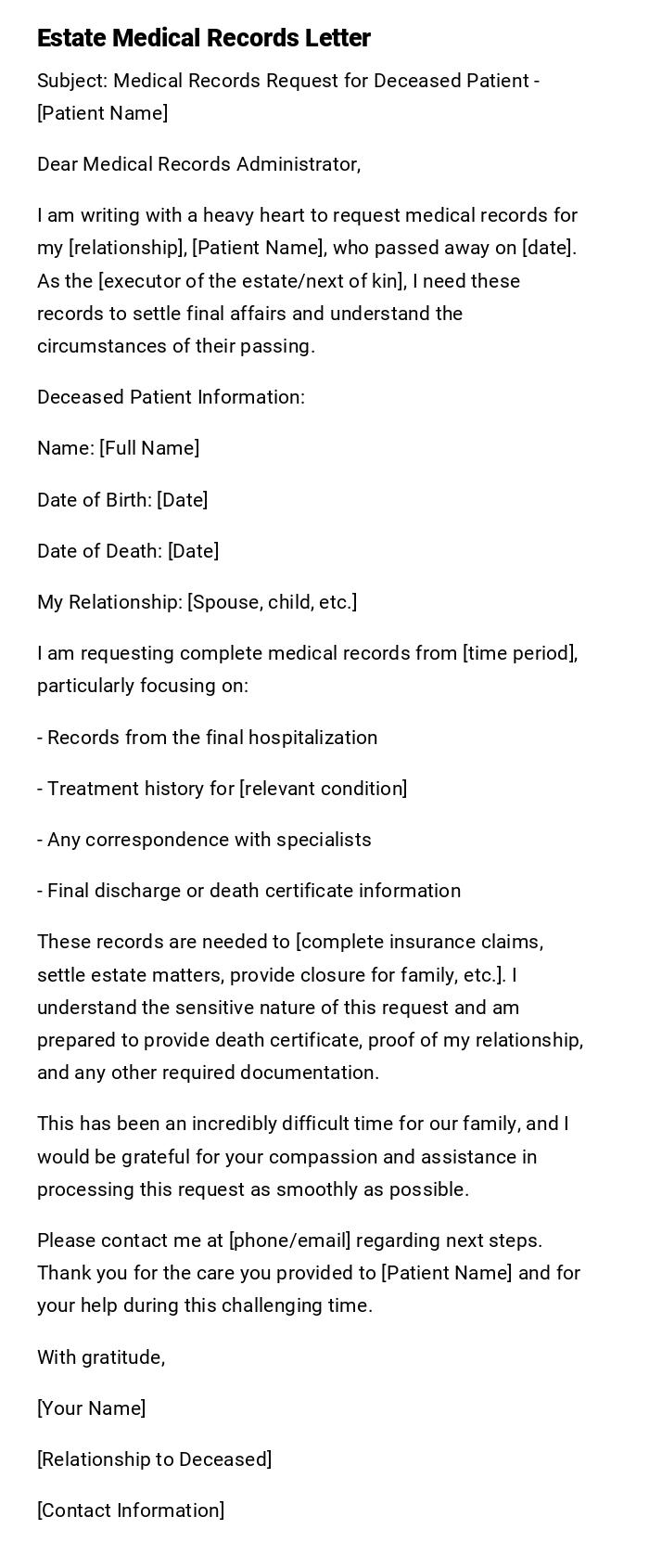 Estate Medical Records Letter Estate Medical Records Letter