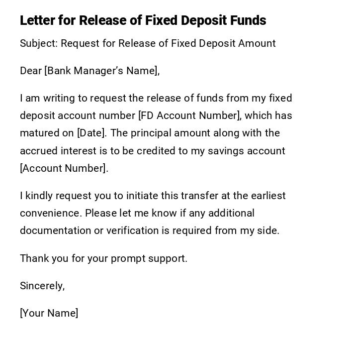 Letter for Release of Fixed Deposit Funds Letter for Release of Fixed Deposit Funds