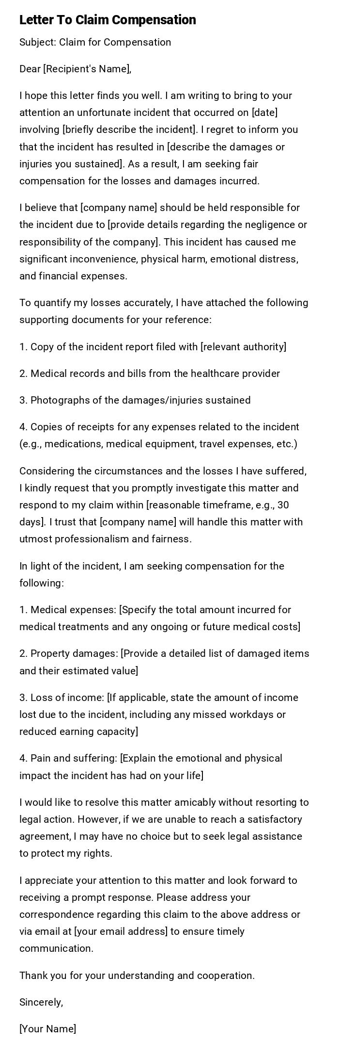 Letter To Claim Compensation