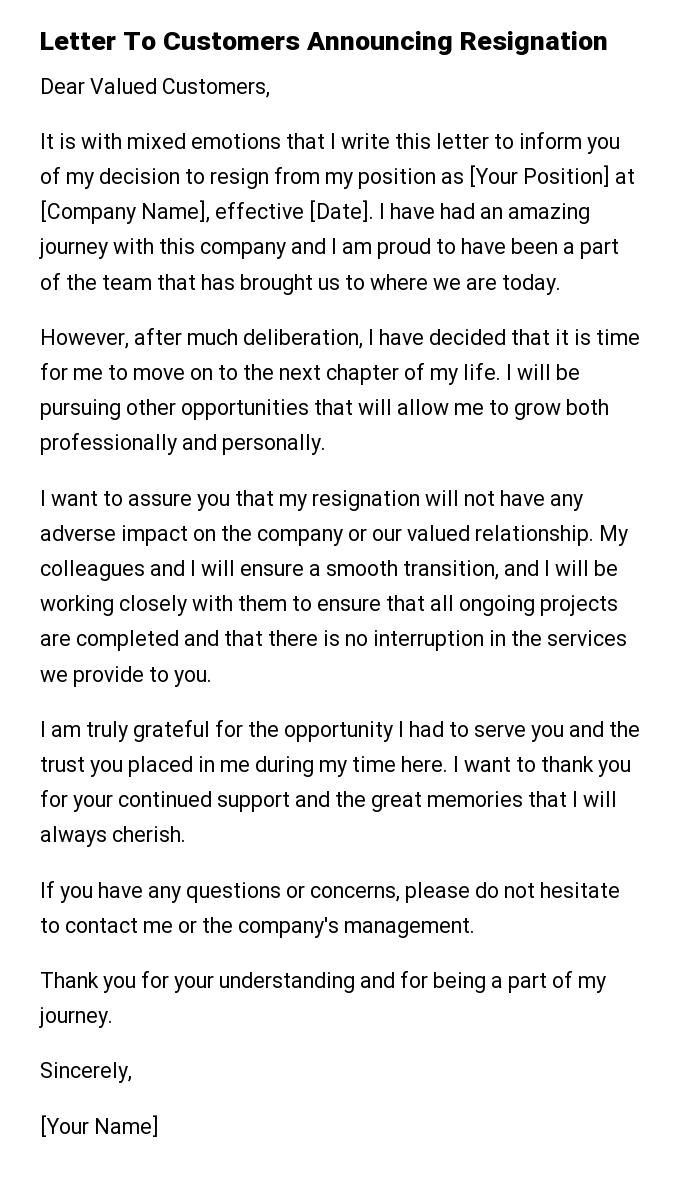 Letter To Customers Announcing Resignation