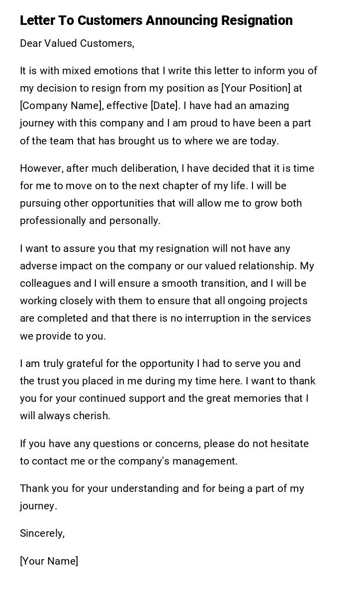 Letter To Customers Announcing Resignation